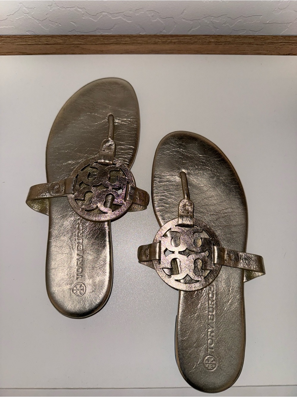 Tory Burch Metallic Gold Logo Thong Sandals